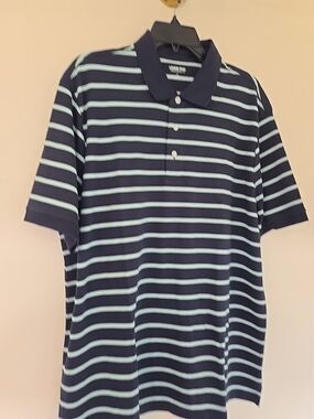 Lands End Men's Navy Blue Striped Polo Shirt - Classic Fit Large New